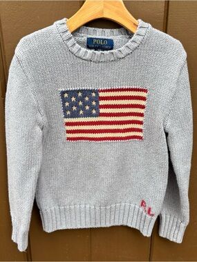 Polo Ralph Lauren retro grey USA flag logo cotton knit jumper age 8 S Youth